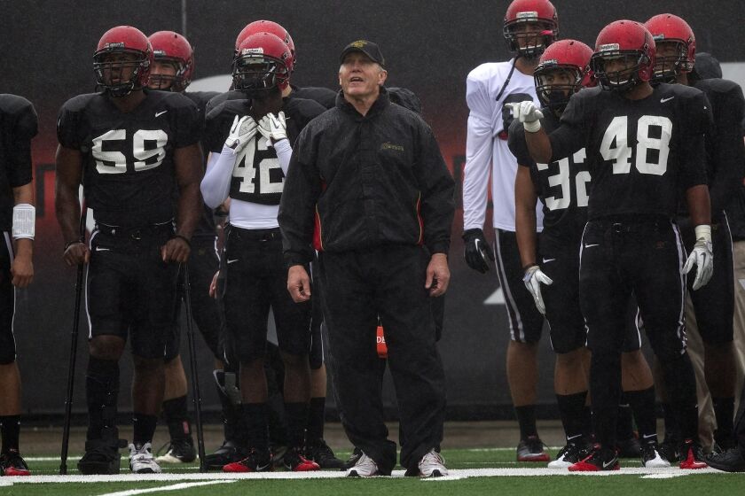 Aztecs head coach Rocky Long and team during spring practice in March 2012.