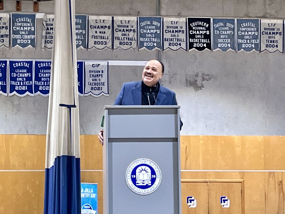 Martin Luther King III speaks Feb. 23 at La Jolla Country Day School.