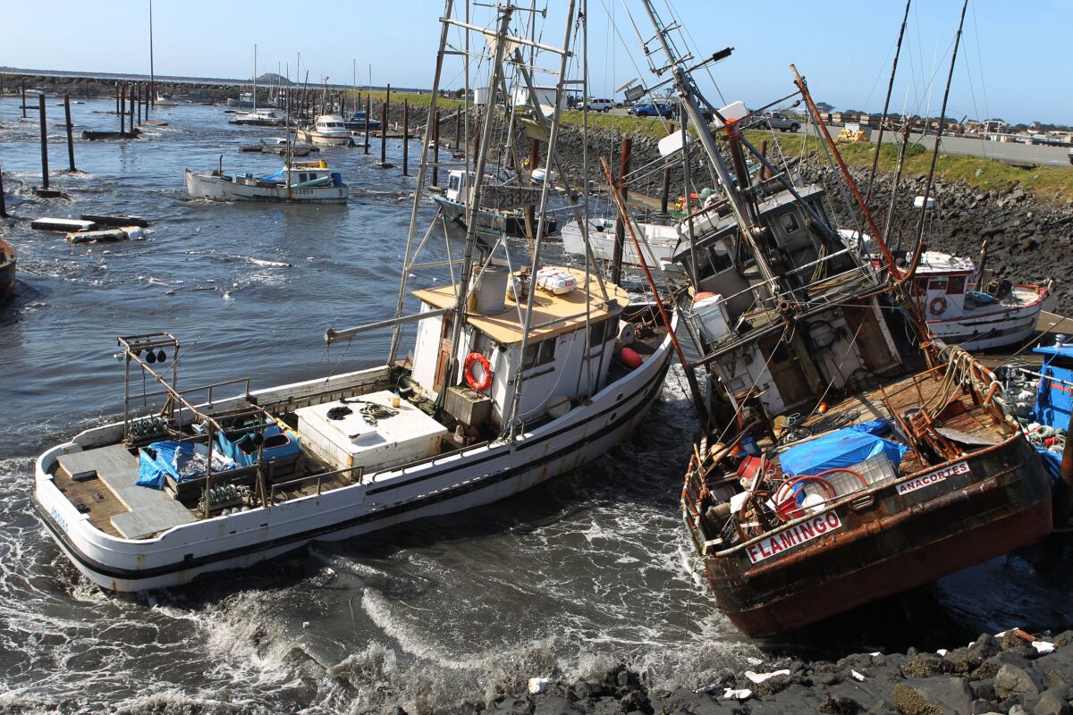 FILE - In this March 11, 2011 file photo, boats collide with one another after a Tsunami surge of water swept through a boat basin in Crescent City, Calif. A new report released Wednesday, Sept. 4, 2013 found that a hypothetical mega-earthquake off the Alaska coast would swamp Los Angeles port complex and cause widespread statewide economic loss. The scenario was released by the U.S. Geological Survey and others to help emergency planners prepare for a rare but possible event. (AP Photo/Bryant Anderson) ** Usable by LA and DC Only **