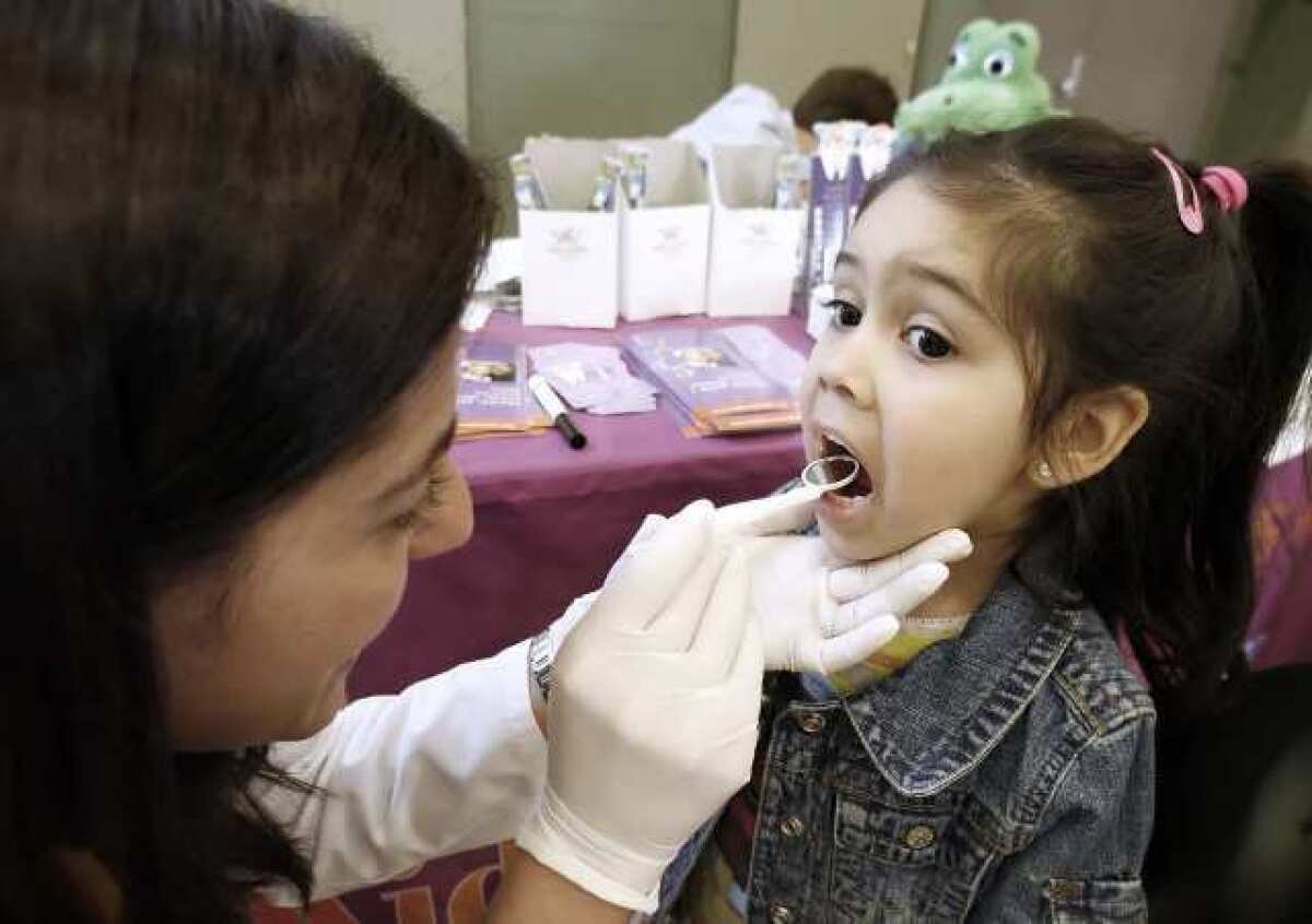 Kids Dental Place's Christine Armenian does a quick dental screening on Isabella Diaz, 3, of Glendale, during the Kids Health and Fitness Expo at Pacific Park Community Center in Glendale on Saturday.