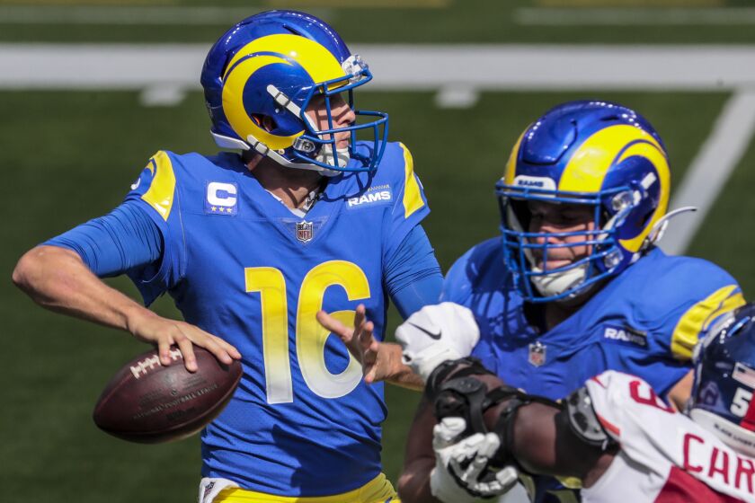 Inglewood, CA, Sunday, October 4, 2020 - Los Angeles Rams quarterback Jared Goff.