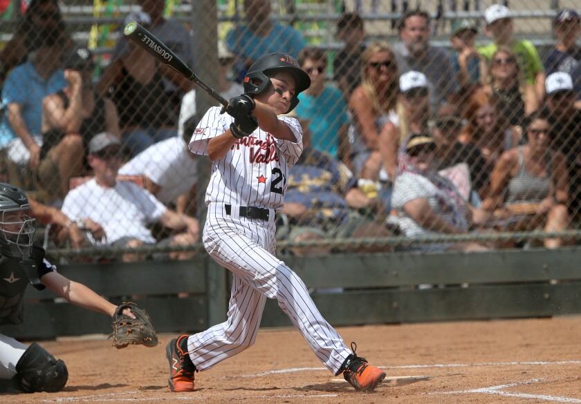 Huntington Valley Little League's Ely Mason follows through with a swing against Villa Park.