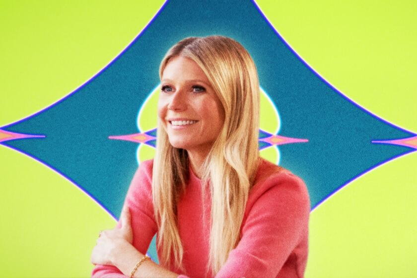 A portrait of Gwyneth Paltrow with a psychedelic design behind it.