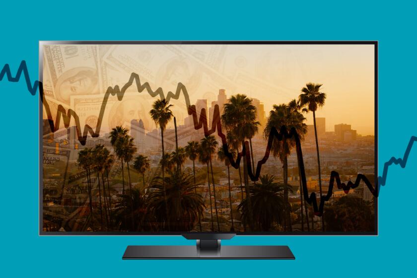 photo illustration of a television showing an image of Los Angeles overlaid with a fever chart line