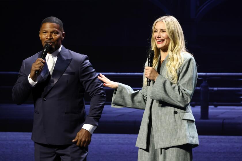 Jamie Foxx and Cameron Diaz speak onstage during the Netflix Upfront 2024 at Pier 59 on May 15, 2024 in New York.
