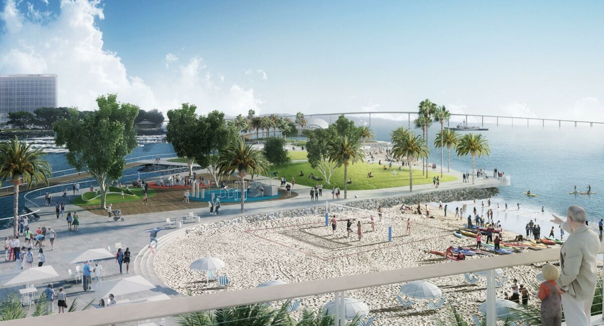 Embarcadero Marina Park North would be redesigned to include a sandy beach and various recreational facilities. Protea Waterfront Development