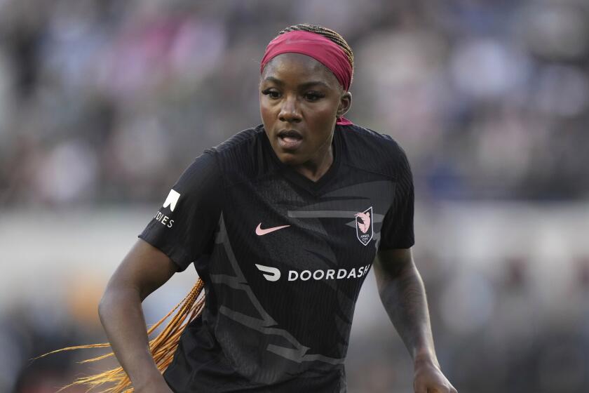 Angel City FC's Messiah Bright (24) plays against Bay FC during an NWSL soccer match.