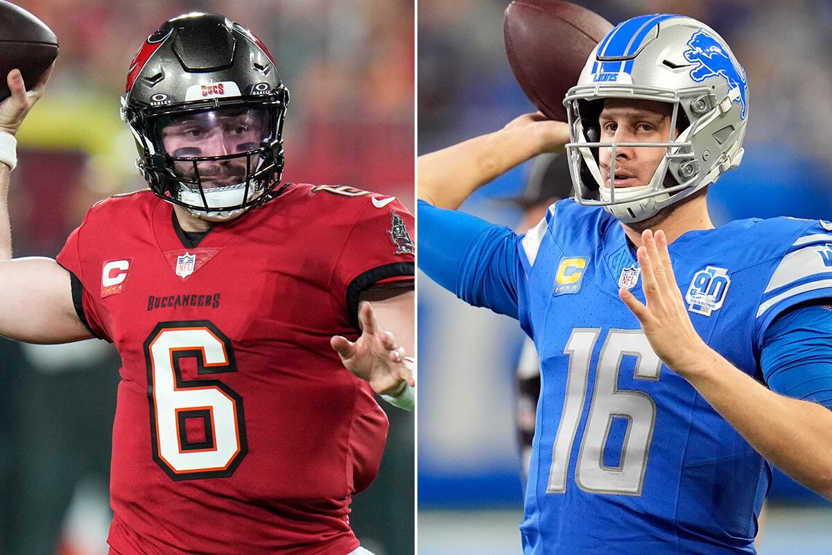 Tampa Bay Buccaneers quarterback Baker Mayfield and Detroit Lions quarterback Jared Goff side by side.