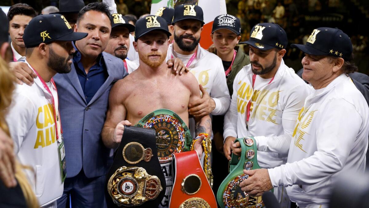 Canelo Alvarez poses after his win against Daniel Jacobs in a middleweight title match on May 4, 2019, in Las Vegas.