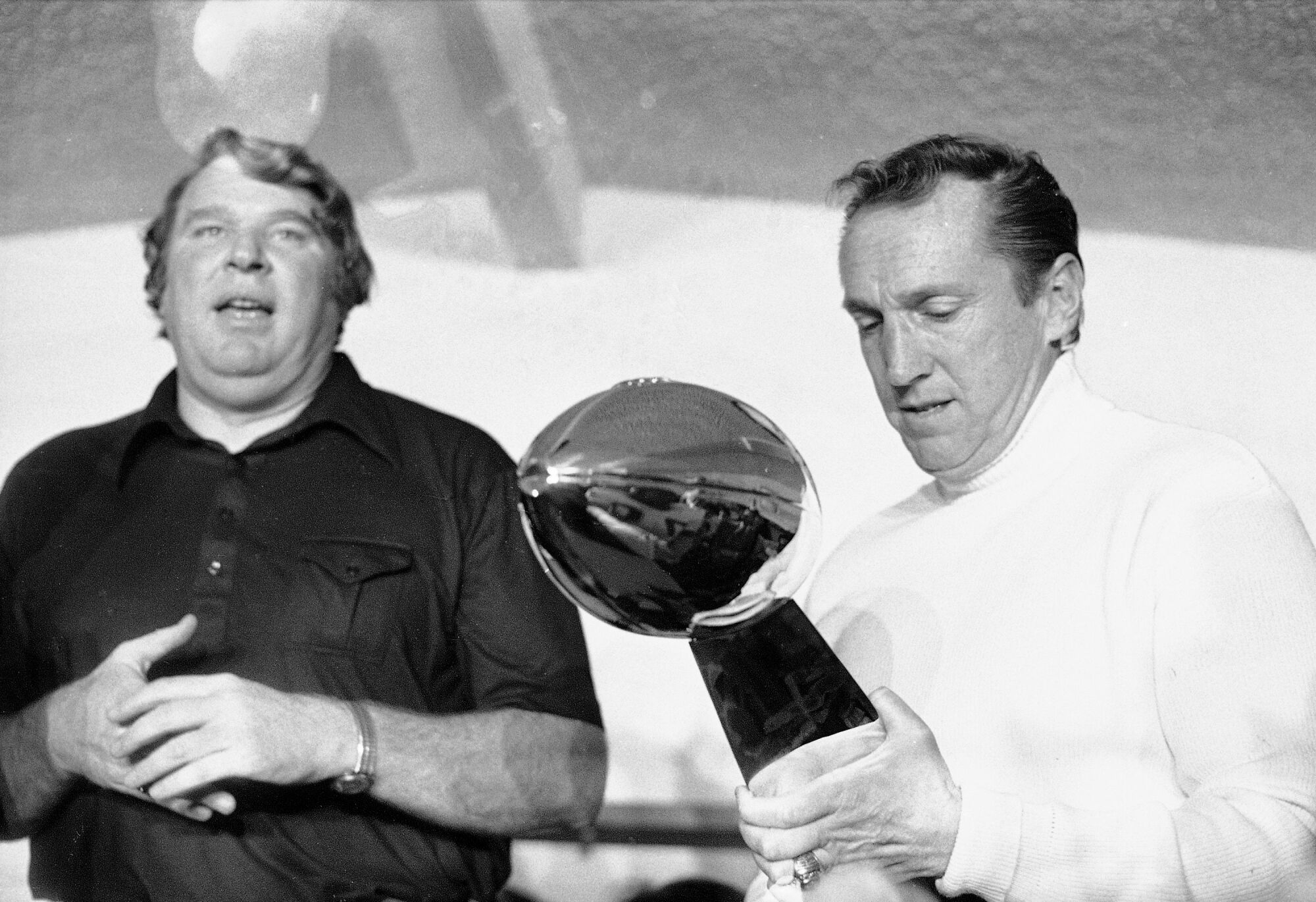 Oakland Raiders coach John Madden and team owner Al Davis speak to the media after winning the Super Bowl.