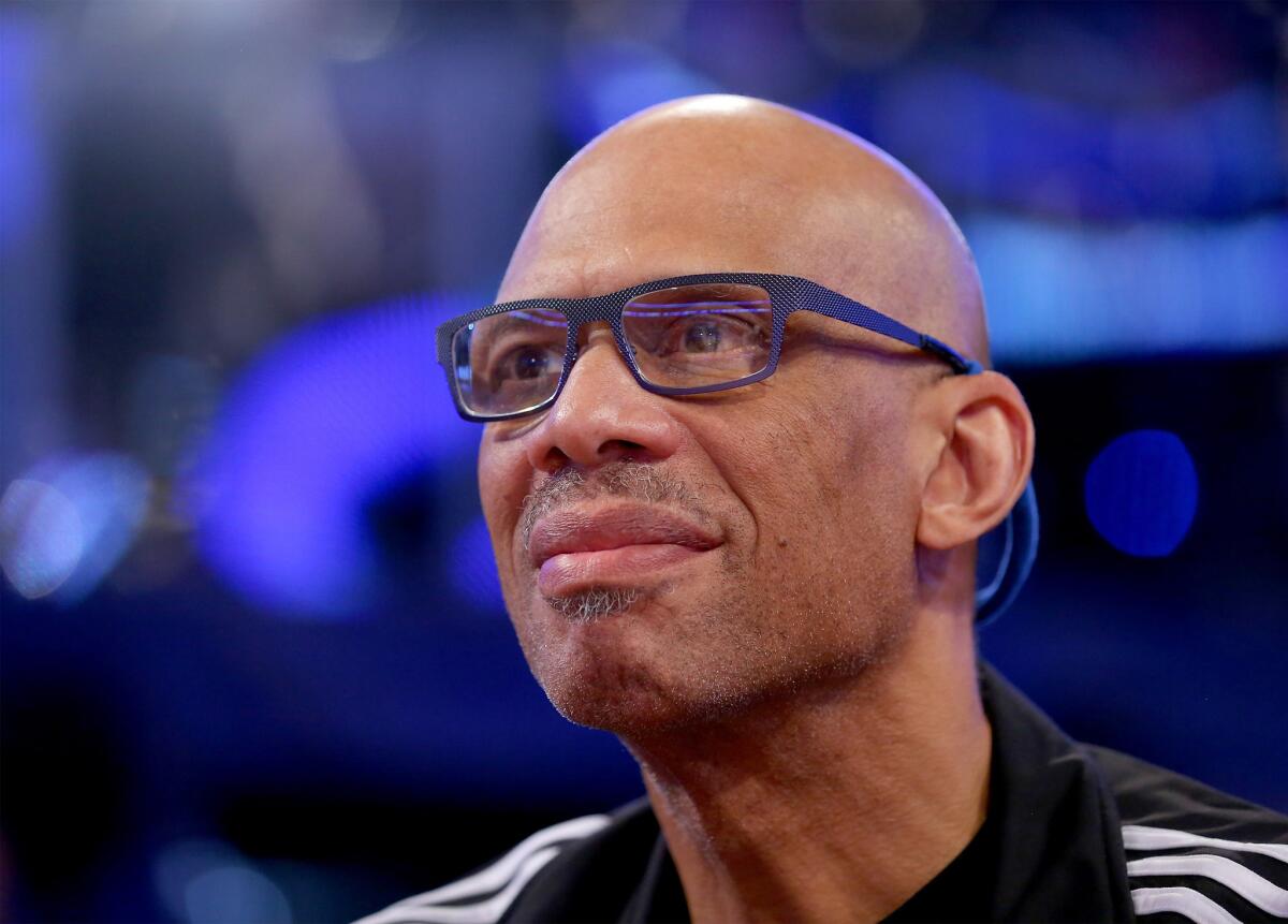 Kareem Abdul-Jabbar attends the Shooting Stars competition during the 2014 NBA All-Star weekend.
