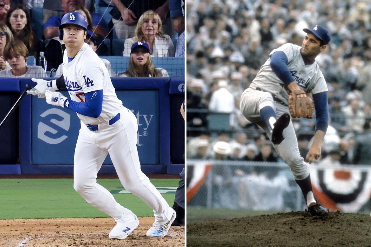 A split image of the Dodgers' Shohei Ohtani hitting and Sandy Koufax pitching.