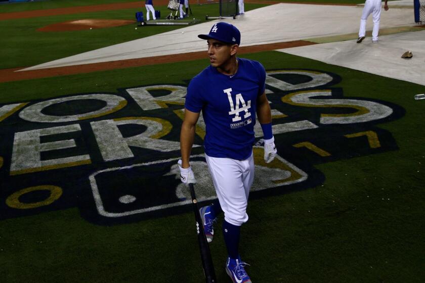 LOS ANGELES, CA, SUNDAY, OCTOBER 22, 2017 -Dodgers catcher Austin Barnes walks off after batting practice during a team workout two days before game one of the World Series. (Robert Gauthier/Los Angeles Times)