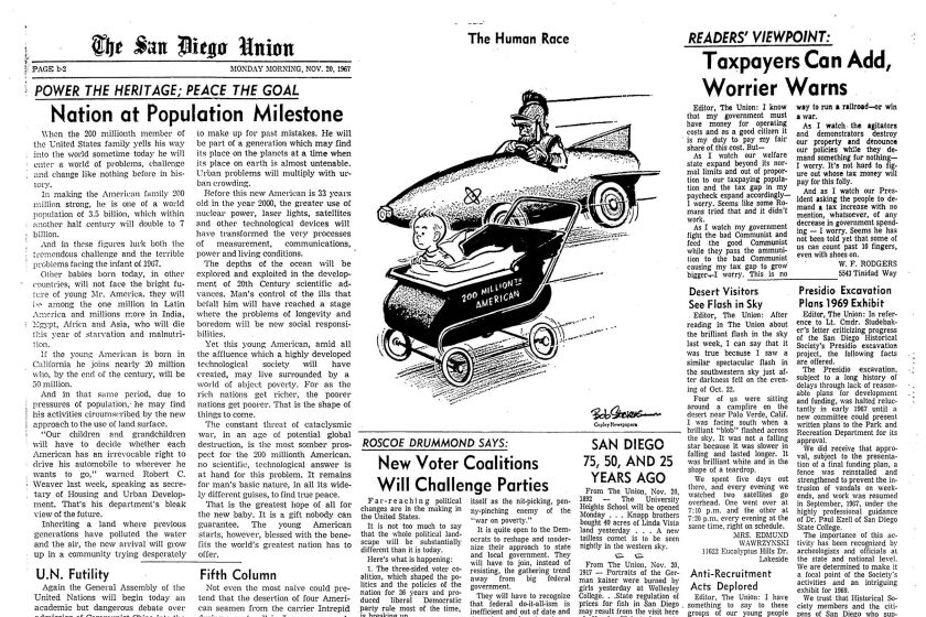 The opinion page of The San Diego Union, Monday, Nov. 20, 1967 addresses a population milestone.