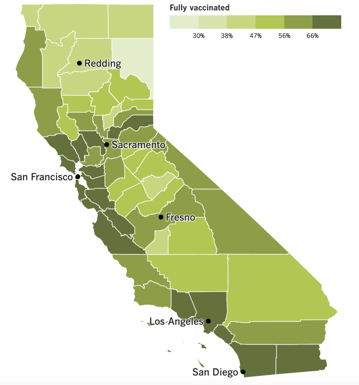 A map of California's vaccination progress, by county.