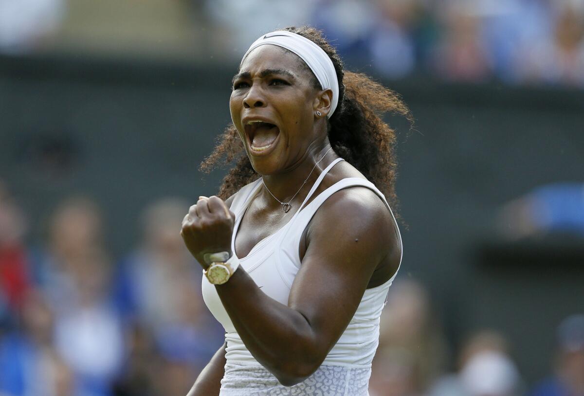 Serena Williams reacts after winning a point against Heather Watson during their third-round match on Friday at Wimbledon.
