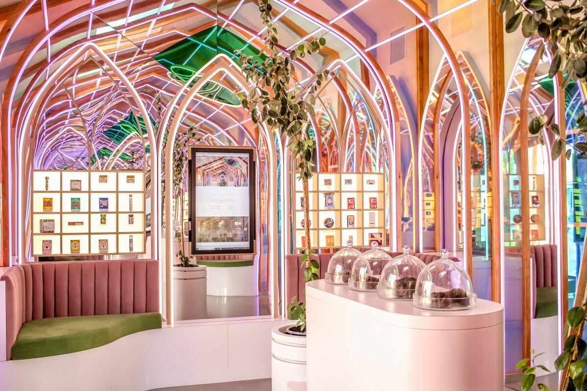 A dispensary interior awash in neon lights and mirrored walls.
