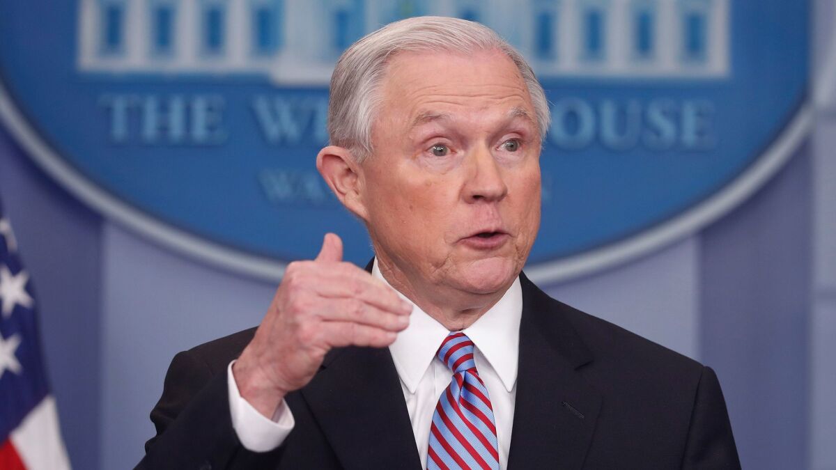 In this March 27 file photo, Attorney General Jeff Sessions speaks at the White House in Washington.
