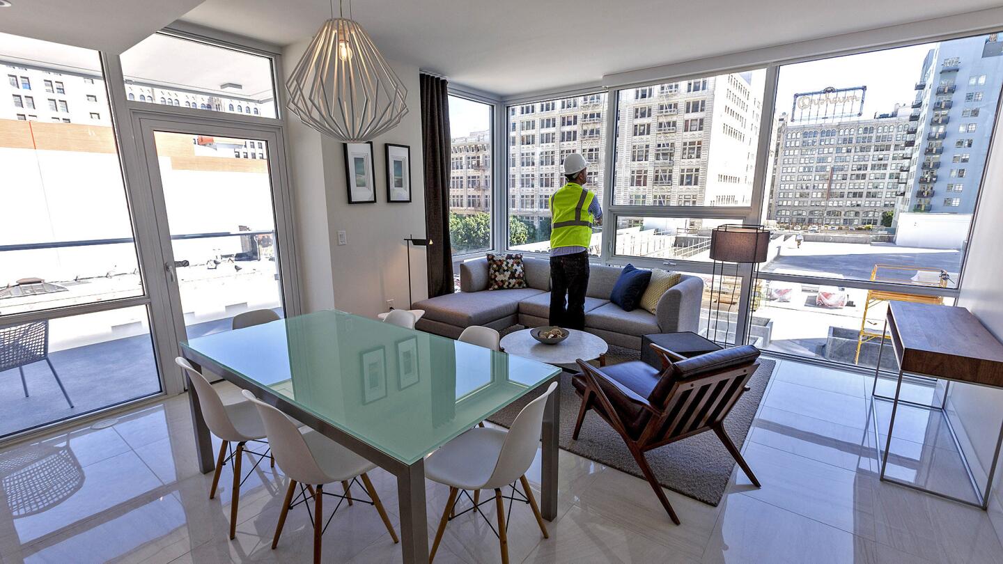 One of the mock furnished units at 888 S. Olive St. in downtown L.A., which is nearing completion.