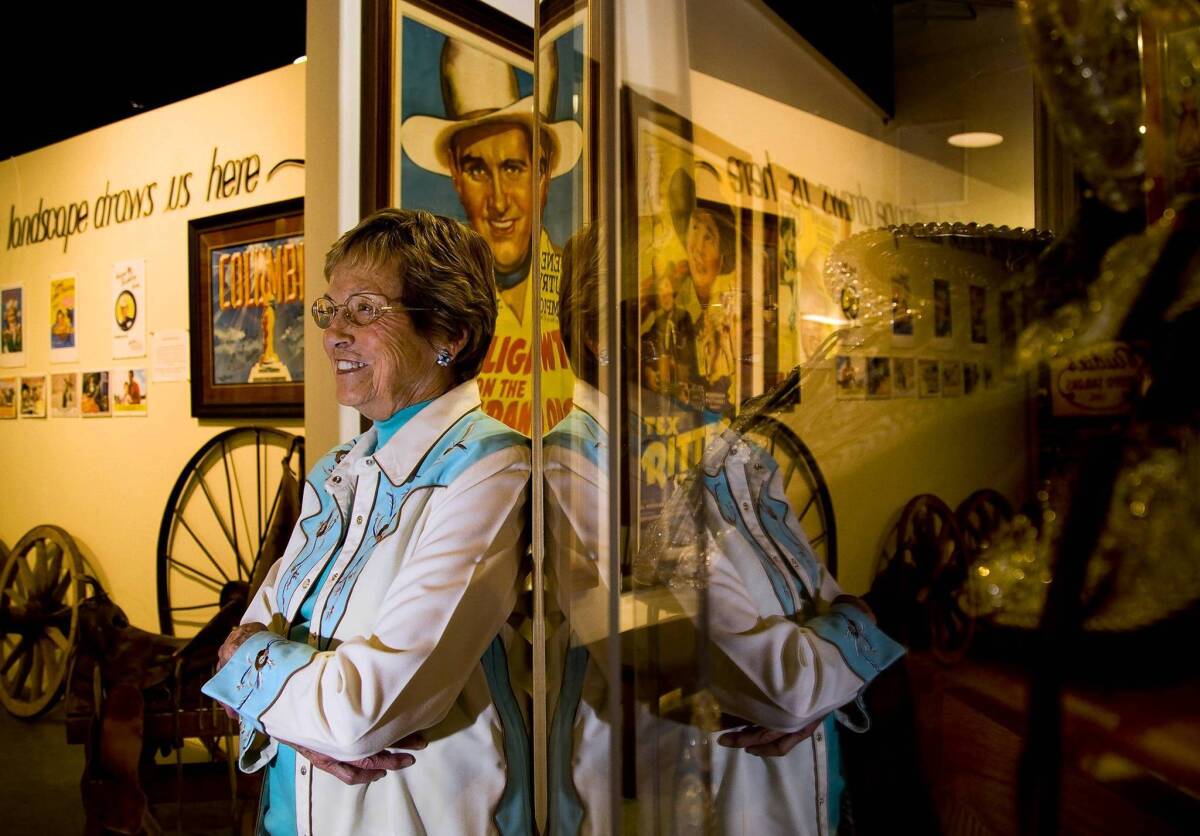 Longtime Lone Pine resident Kerry Powell recalls the early days of moviemaking in the Alabama Hills as she stands in the Beverly and Jim Rogers Lone Pine Film History Museum, which she helped establish.