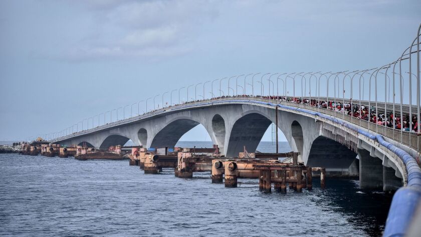 The mile-long Sinamale Bridge connecting the Maldives' main airport with the capital city was built by China at a cost of $200 million.