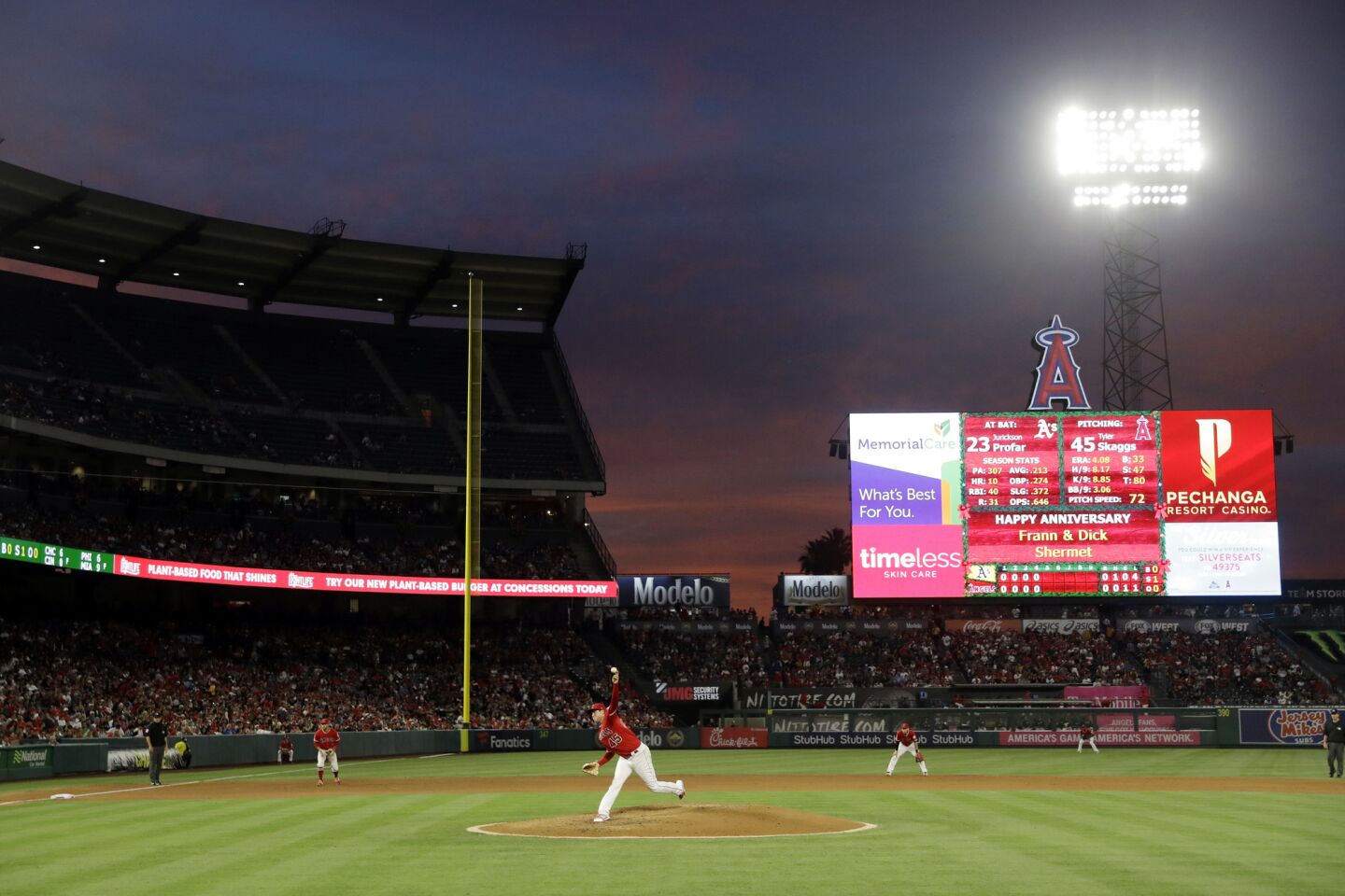 Los Angeles Angels starting pitcher Tyler Skaggs throws to an Oakland Athletics batter during the fifth inning of a baseball game in Anaheim on June 29, 2019.