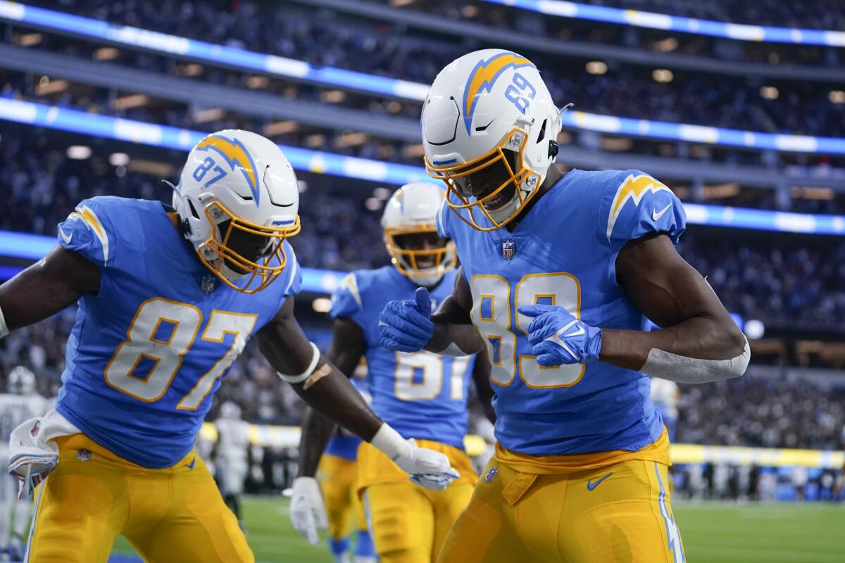 Chargers tight end Donald Parham (89) celebrates after scoring a touchdown against the Raiders.