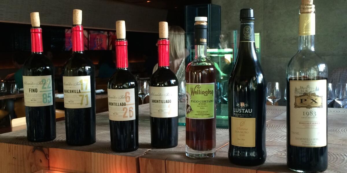 The lineup of sherries at a dinner at Rivera matching sherry with a six-course menu.