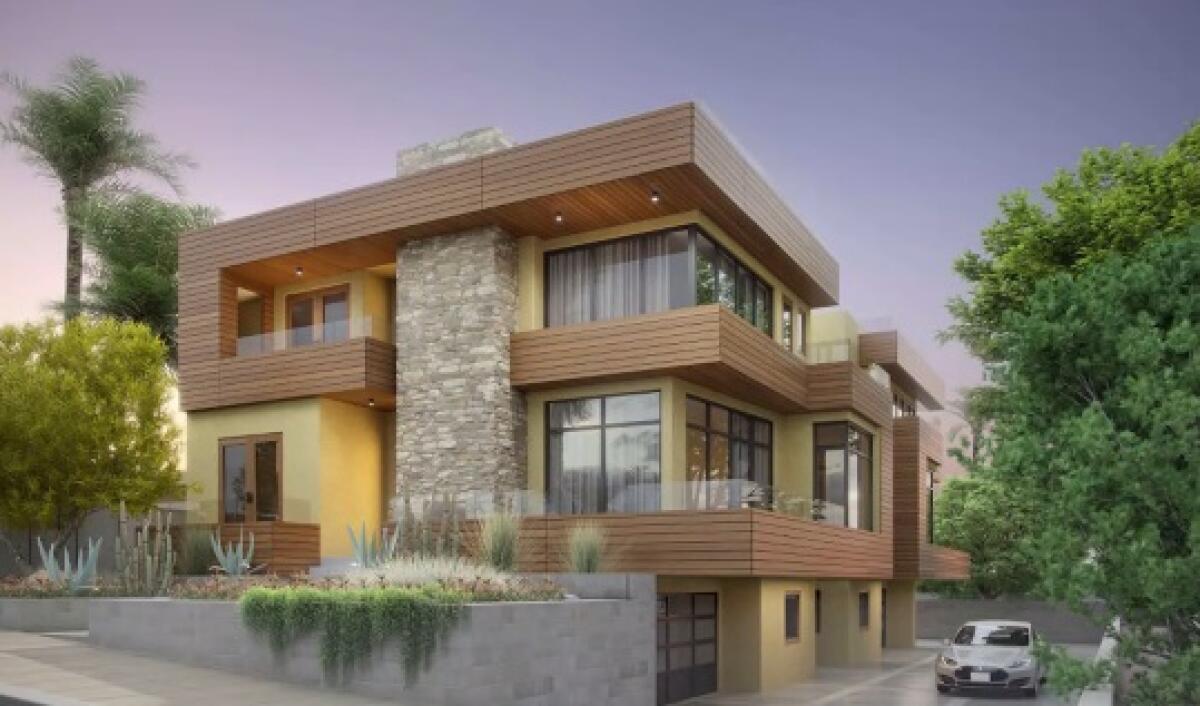 A rendering shows a plan for two new two-story homes with junior accessory dwelling units at 735 Nautilus St. in La Jolla.
