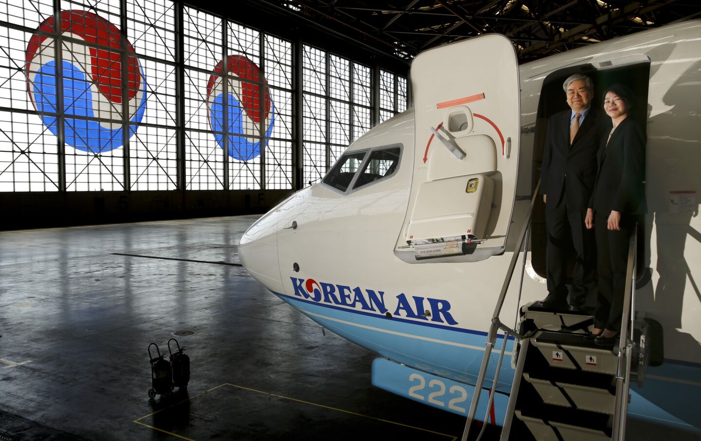 Yang Ho Cho, chairman of Korean Air, and his daughter Heather Cho, executive vice president, inside a hangar at Korean Air's headquarters in Seoul.