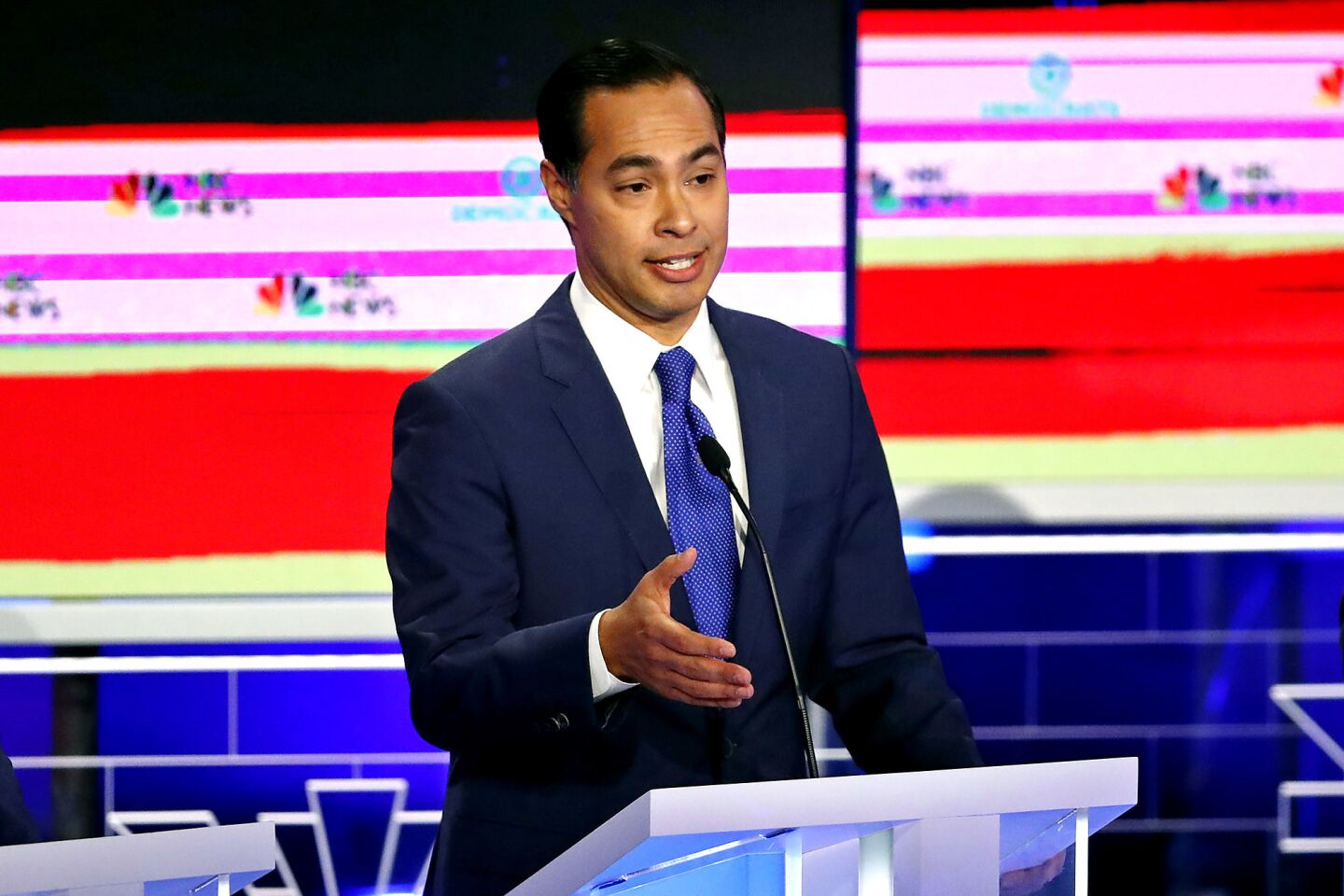 Democratic presidential candidate former Housing and Urban Development Secretary Julian Castro speaks during a Democratic primary debate hosted by NBC News at the Adrienne Arsht Center for the Performing Art, Wednesday, June 26, 2019, in Miami.