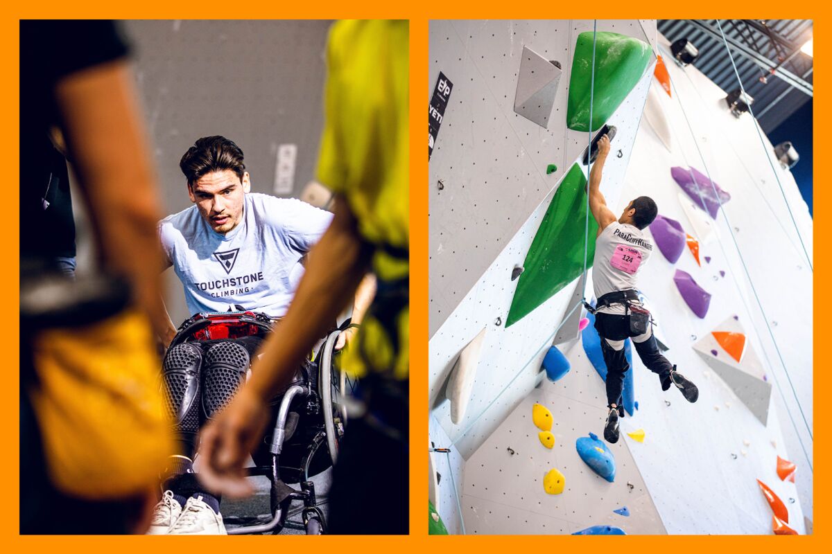 A person in a wheelchair, left, and a climber on a rock wall at the ParaCliffHangers climbing gym.
