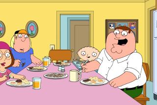 Meg, Chris, Stewie and Peter Griffin sitting around a table eating breakfast in a scene from "Family Guy"