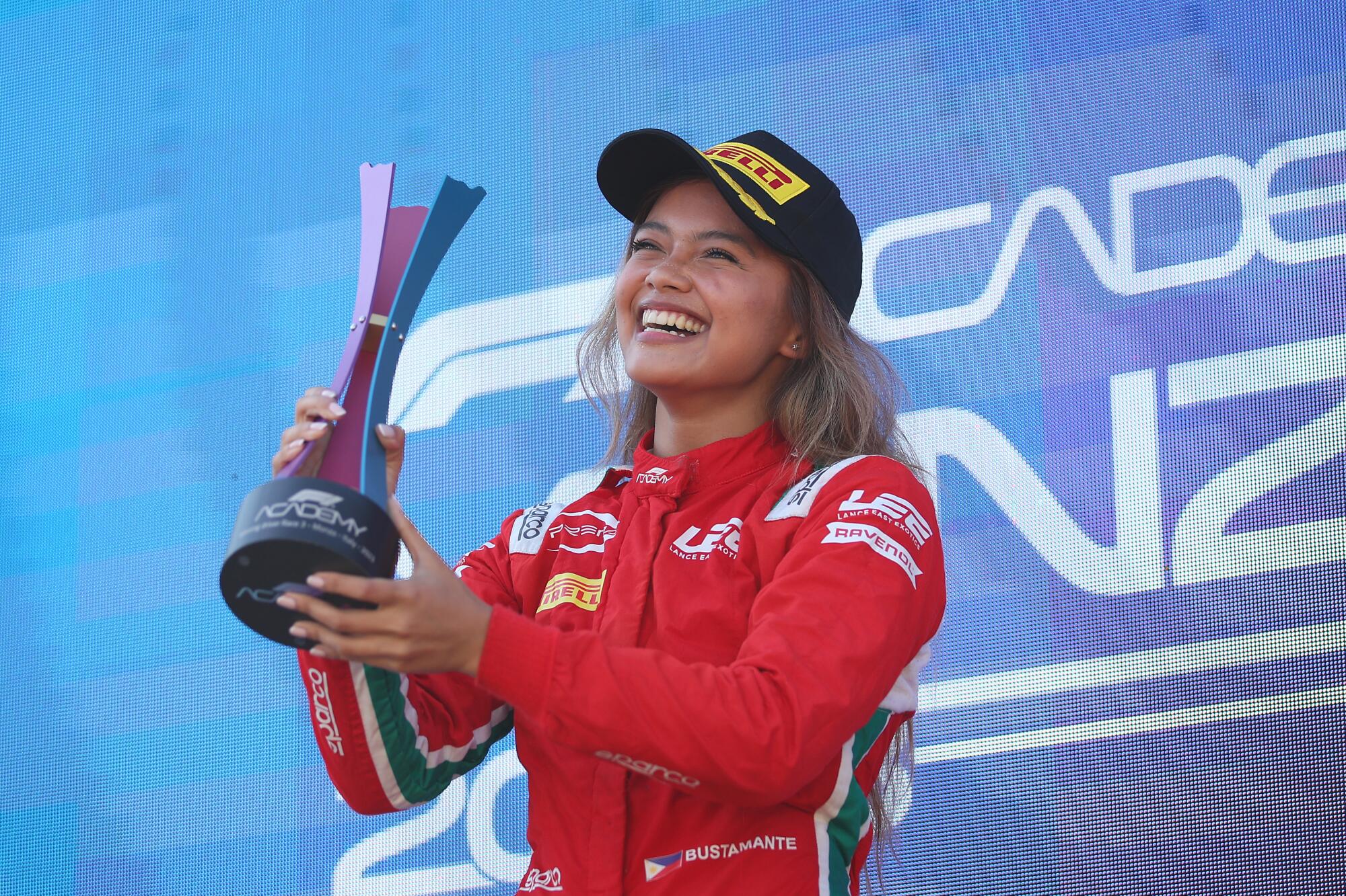 Race winner Bianca Bustamante celebrates after winning an F1 Academy Series race at Monza in Italy on July 9.