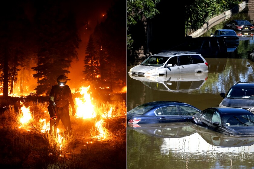 Two photos, one of a firefighter setting backfires, the other of flooded cars