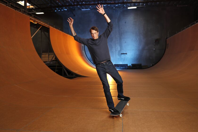 VISTA, CA - AUGUST 31: Skateboarding legend Tony Hawk stands on his ramp at his warehouse on Monday, Aug. 31, 2020 in Vista, CA. Tony Hawk's Pro Skater 1 And 2 Remaster video game will be release this week. (K.C. Alfred / The San Diego Union-Tribune)