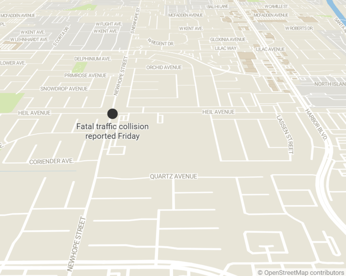 Map of intersection of Newhope Street and Heil Avenue in Fountain Valley.
