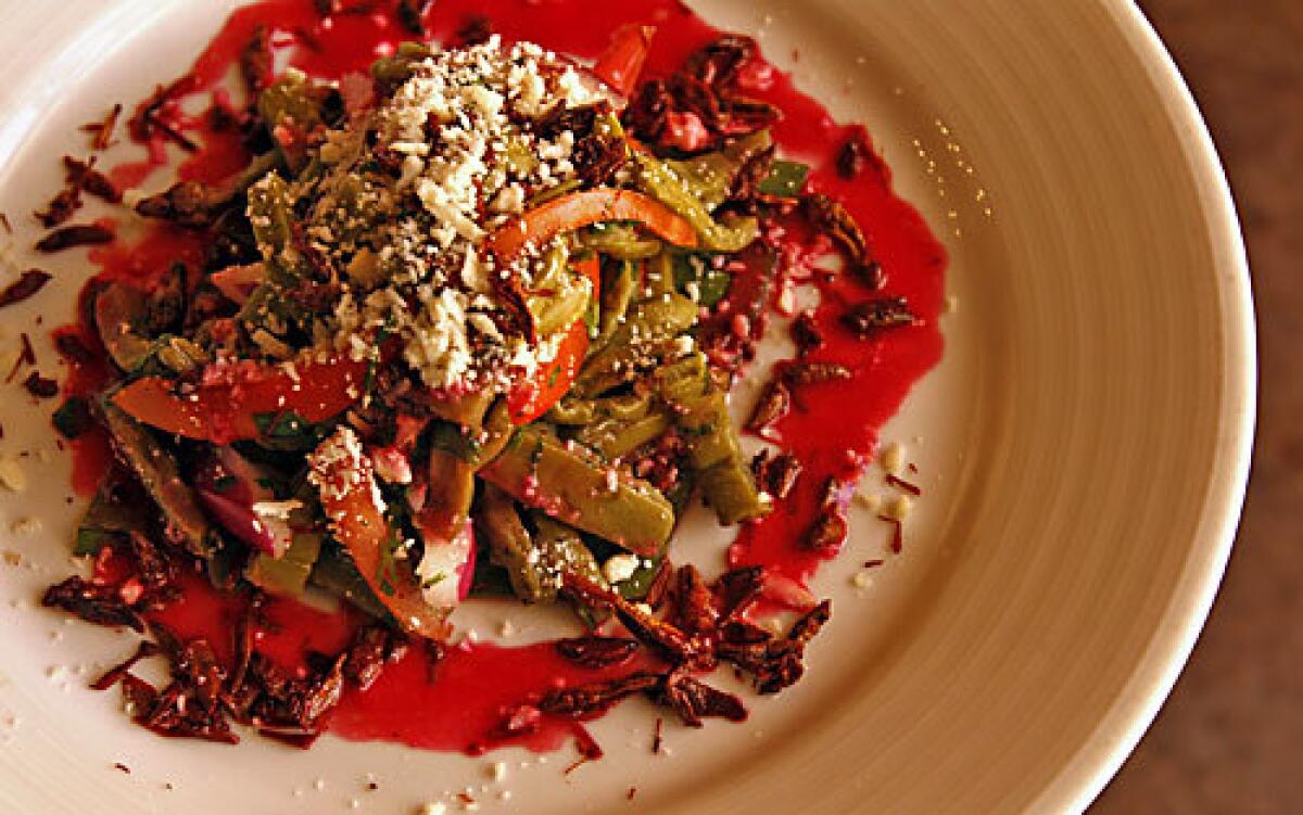 Nopalitos y chapulines, a salad of prickly pear and grasshoppers, as served at La Huasteca in Lynwood.