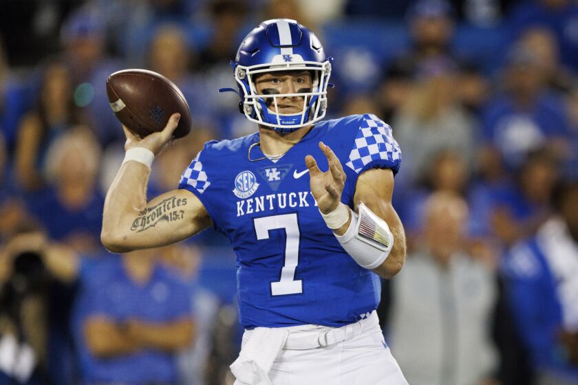 Kentucky quarterback Will Levis (7) throws a pass during the first half of an NCAA college football game against Northern Illinois in Lexington, Ky., Saturday, Sept. 24, 2022. (AP Photo/Michael Clubb)