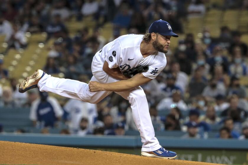 Los Angeles, CA, Monday, Sept. 13, 2021 - Los Angeles Dodgers pitcher Clayton Kershaw delivers.