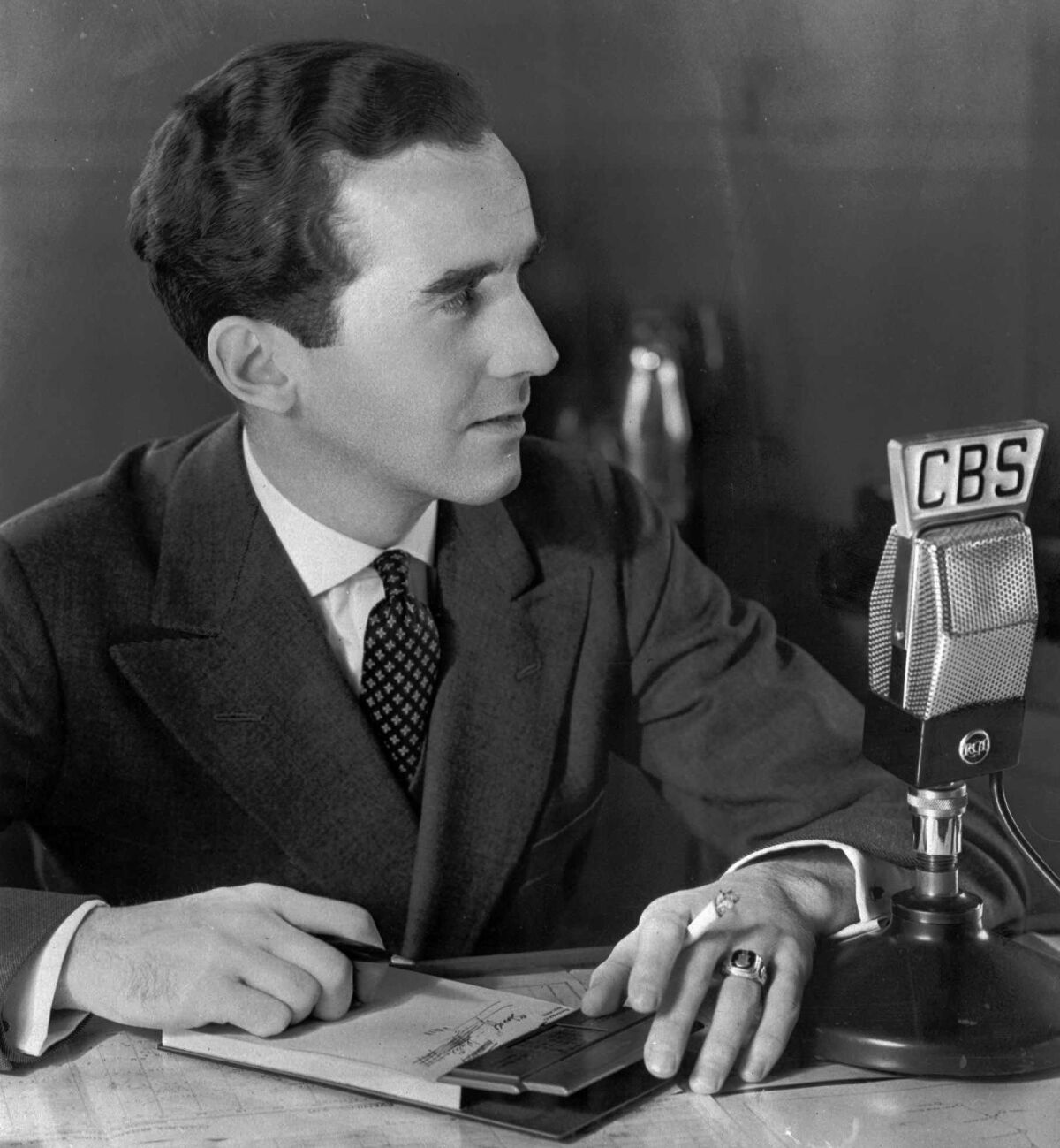 CBS newsman Edward R. Murrow is shown at work in 1939.