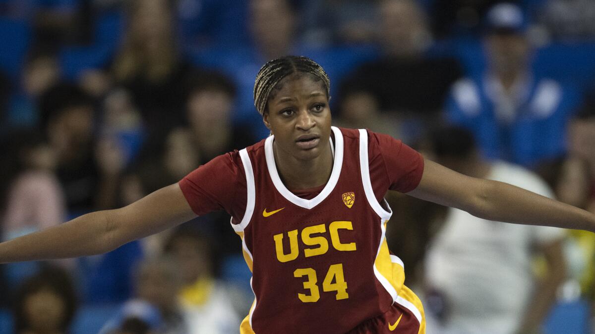 USC's Clarice Akunwafo plays defense during a game.