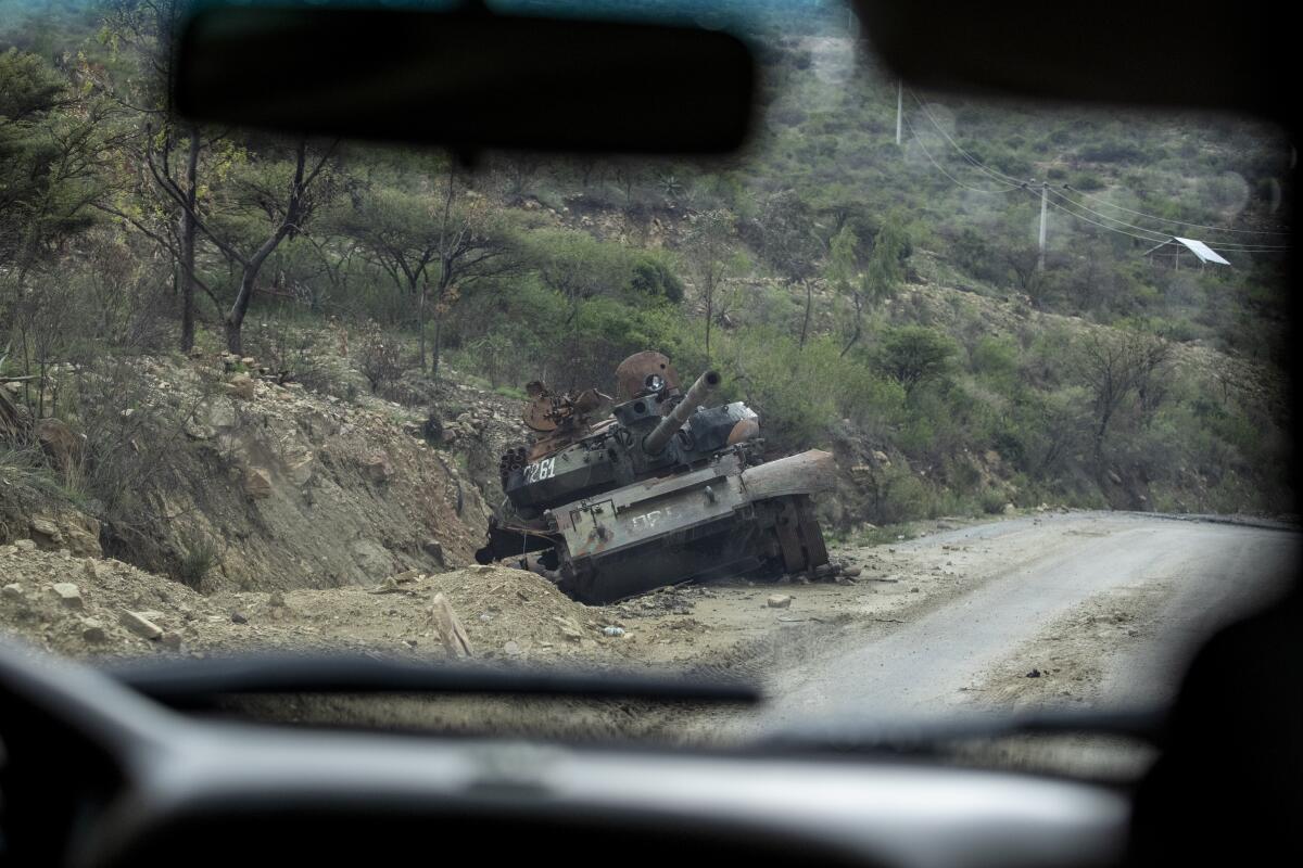 Destroyed tank on roadside in Tigray, in northern Ethiopia