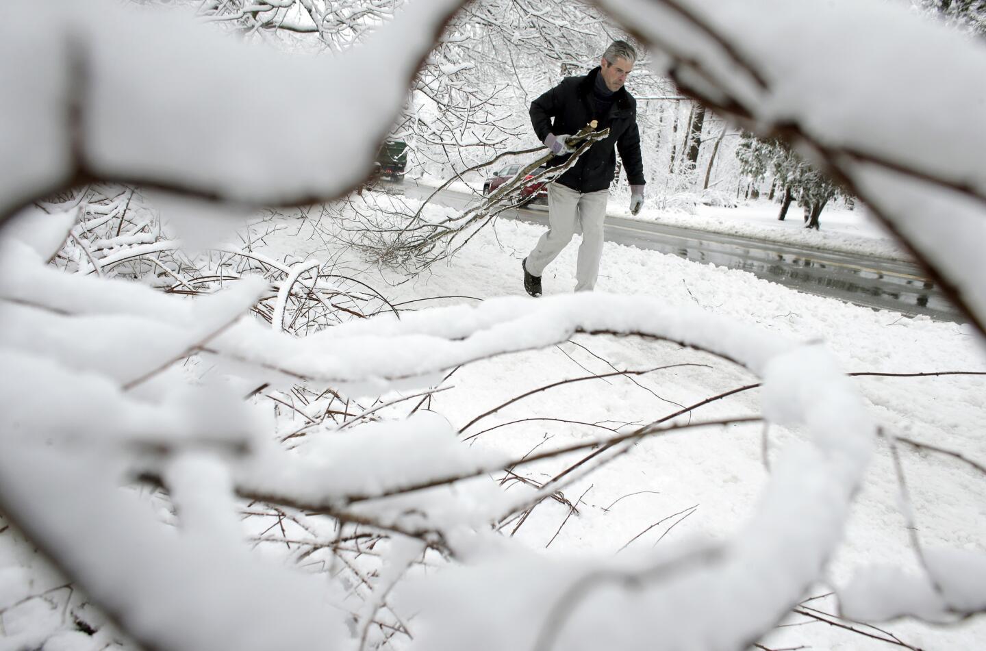 Kevin Crowley removes broken tree branches from a driveway in Sherborn, Mass., on March 8. For the second time in less than a week, a storm rolled into the Northeast with wet, heavy snow.