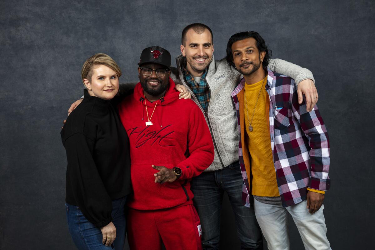 Actors Jillian Bell, left, and Lil Rel Howrey, director Paul Downs Colaizzo and actor Utkarsh Ambudkar from the film "Brittany Runs a Marathon" are photographed at the L.A. Times Photo and Video Studio at the 2019 Sundance Film Festival.