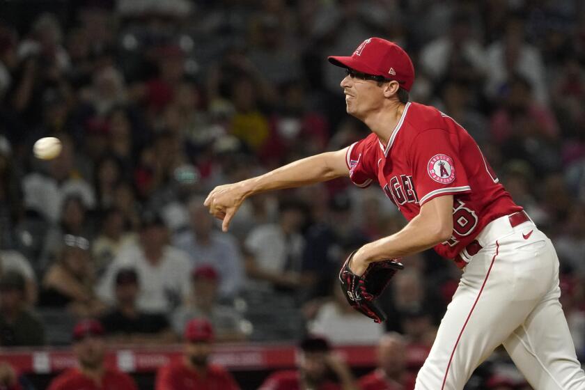 Angels reliever Jimmy Herget delivers to the plate against the Yankees during the ninth inning Aug. 29, 2022.