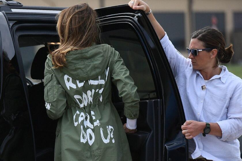 US First Lady Melania Trump departs Andrews Air Rorce Base in Maryland June 21, 2018 wearing a jacket emblazoned with the words "I really don't care, do you?" following her surprise visit with child migrants on the US-Mexico border. / AFP PHOTO / MANDEL NGANMANDEL NGAN/AFP/Getty Images ** OUTS - ELSENT, FPG, CM - OUTS * NM, PH, VA if sourced by CT, LA or MoD **