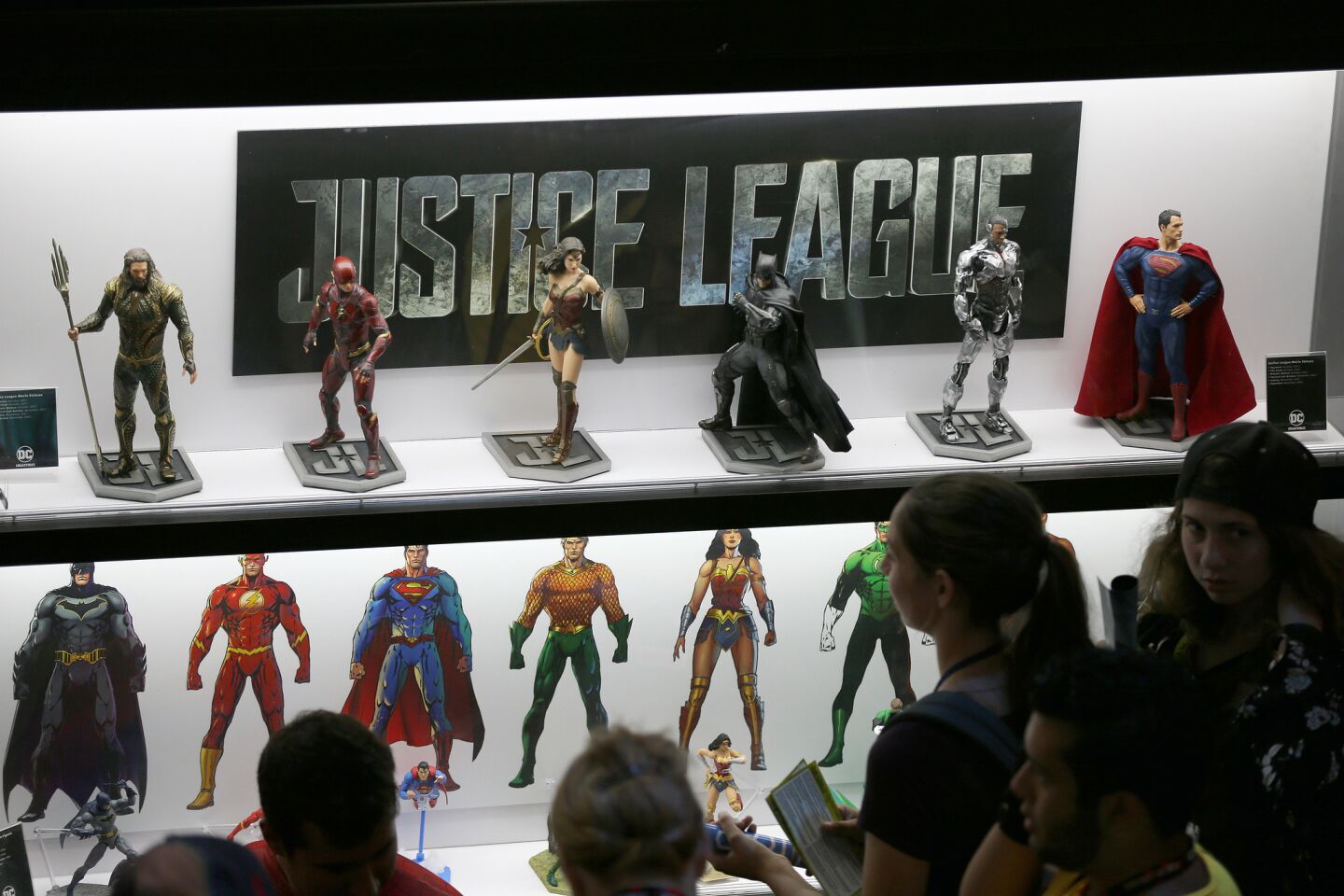 Justice League figurines on display at Comic-Con International in San Diego on July 21, 2017.