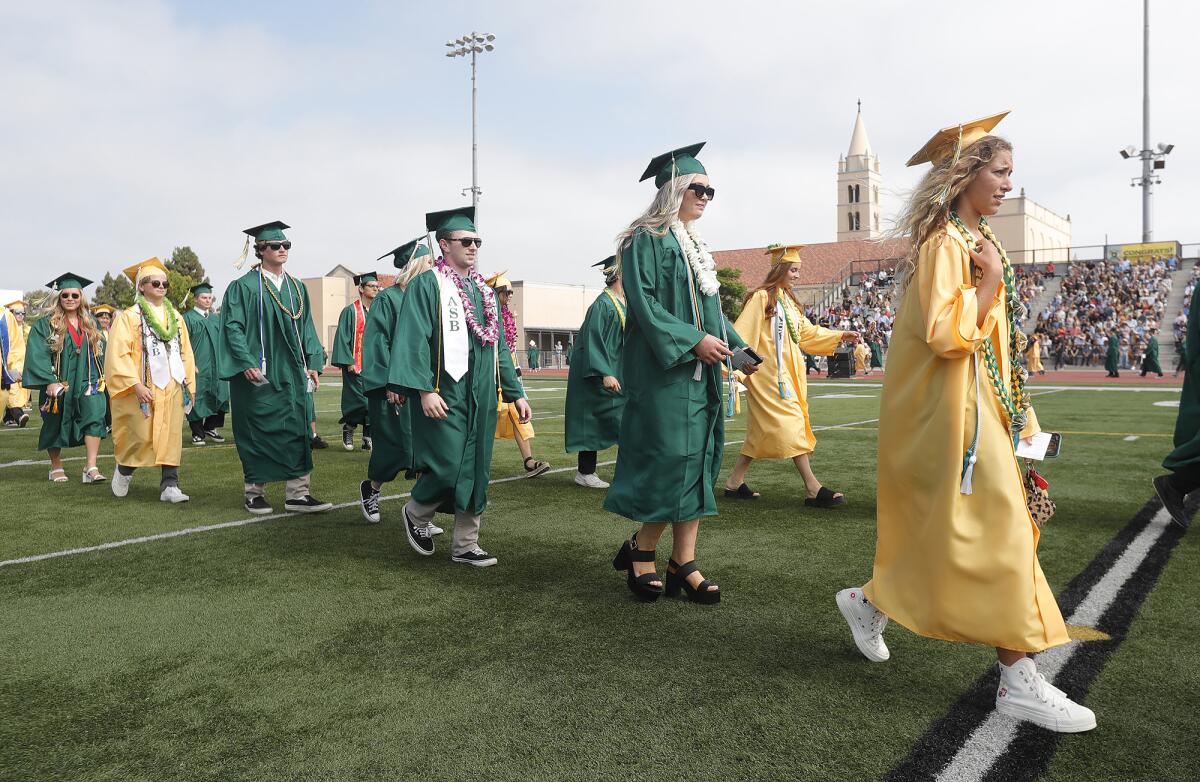 Graduates parade into Cap Sheue Field during 2022 Edison High Commencement ceremony in Huntington Beach on Thursday.