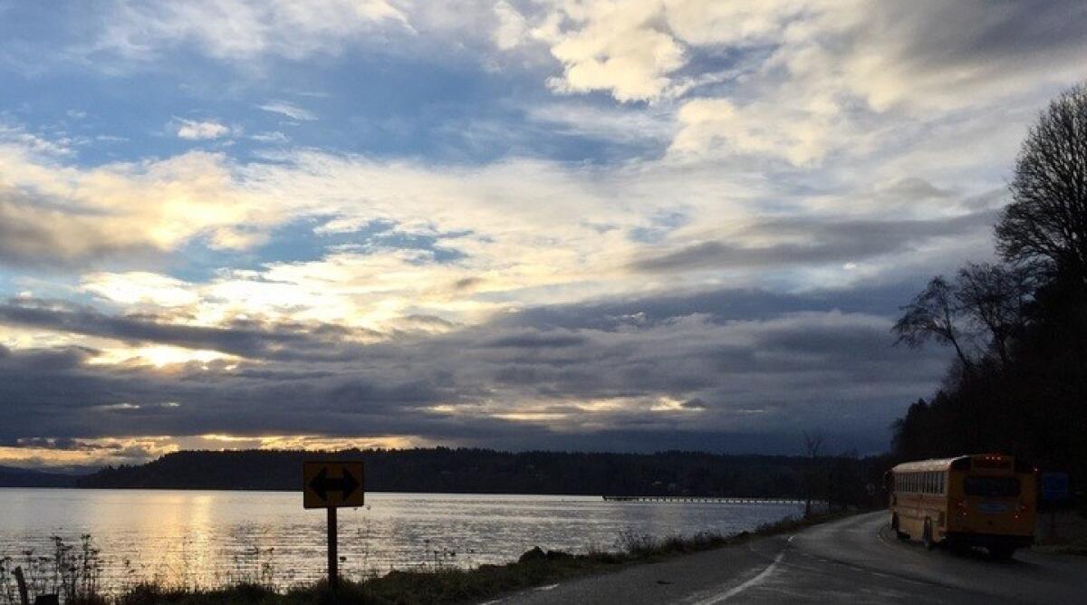 A school bus runs its route shortly after dawn on Vashon Island, where nearly 78% of the vote in November went to Hillary Clinton.